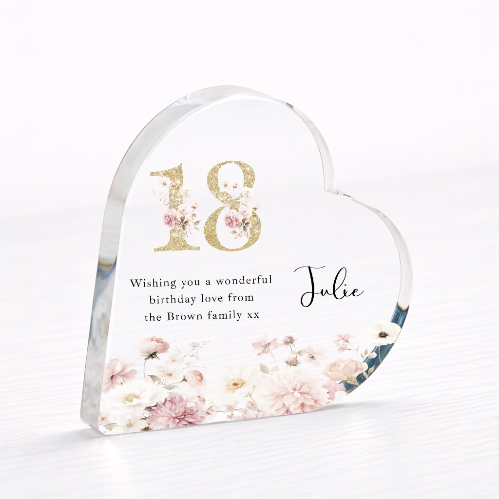 Personalised 18th Birthday Pink Floral Acrylic Heart