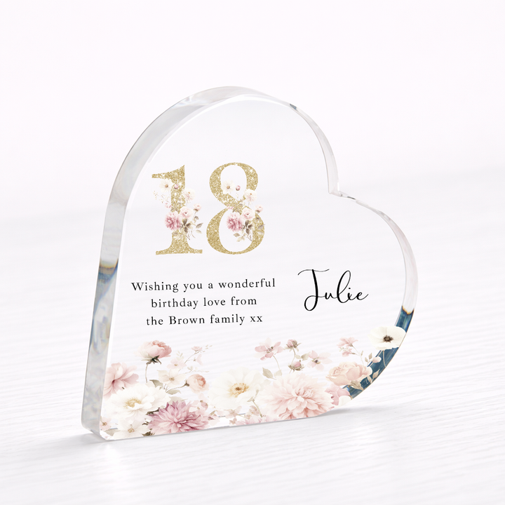 Personalised 18th Birthday Pink Floral Acrylic Heart