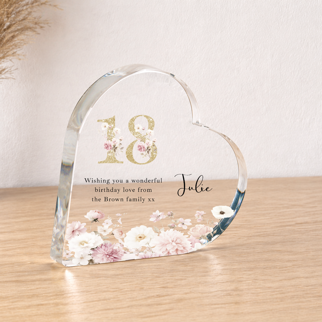 Personalised 18th Birthday Pink Floral Acrylic Heart