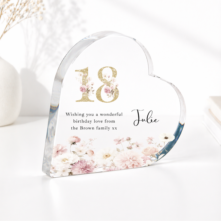 Personalised 18th Birthday Pink Floral Acrylic Heart