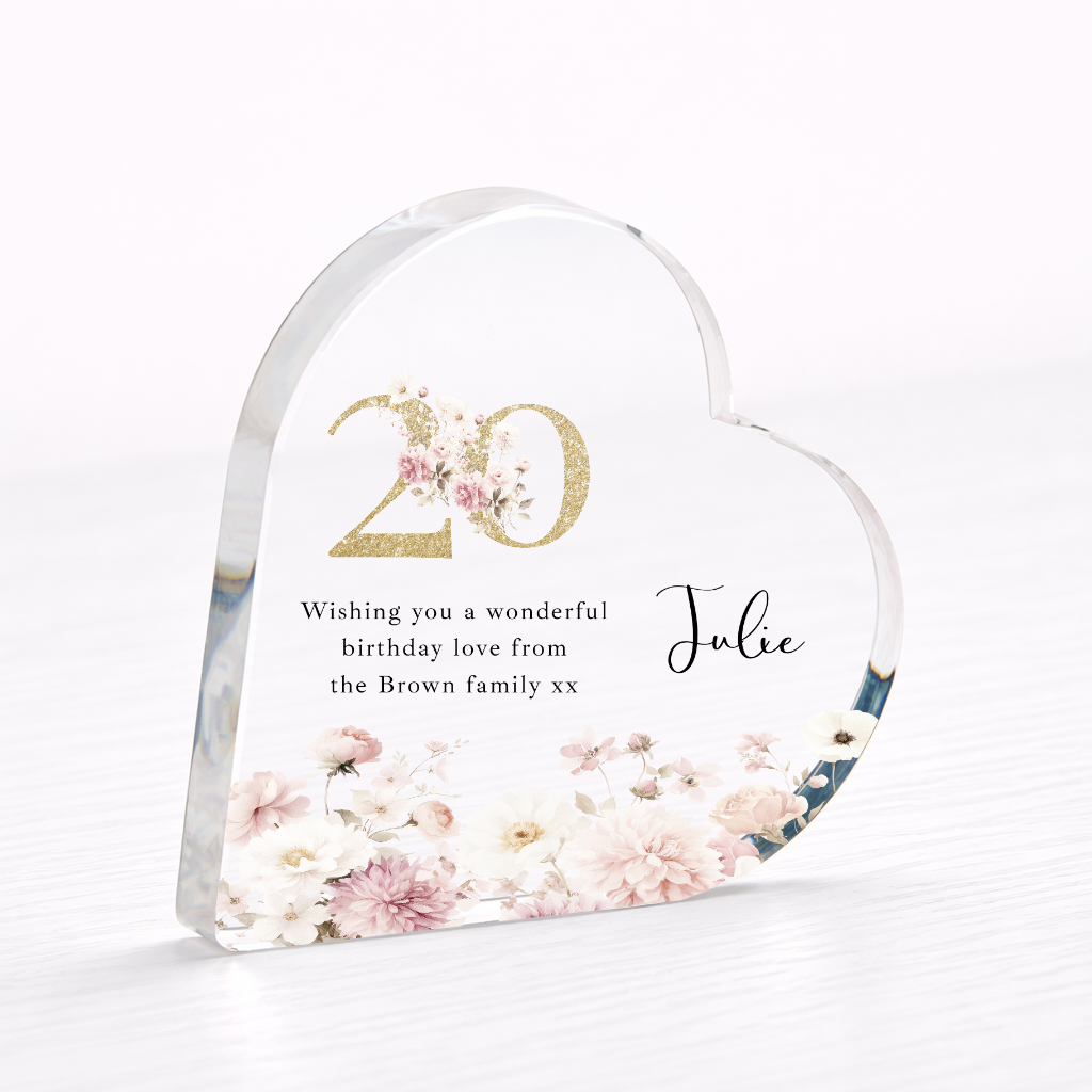 Personalised 20th Birthday Pink Floral Acrylic Heart
