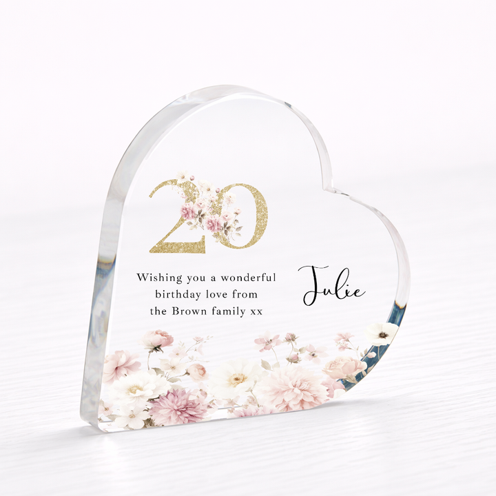 Personalised 20th Birthday Pink Floral Acrylic Heart