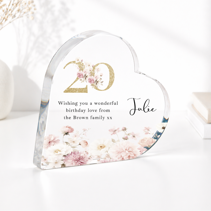 Personalised 20th Birthday Pink Floral Acrylic Heart