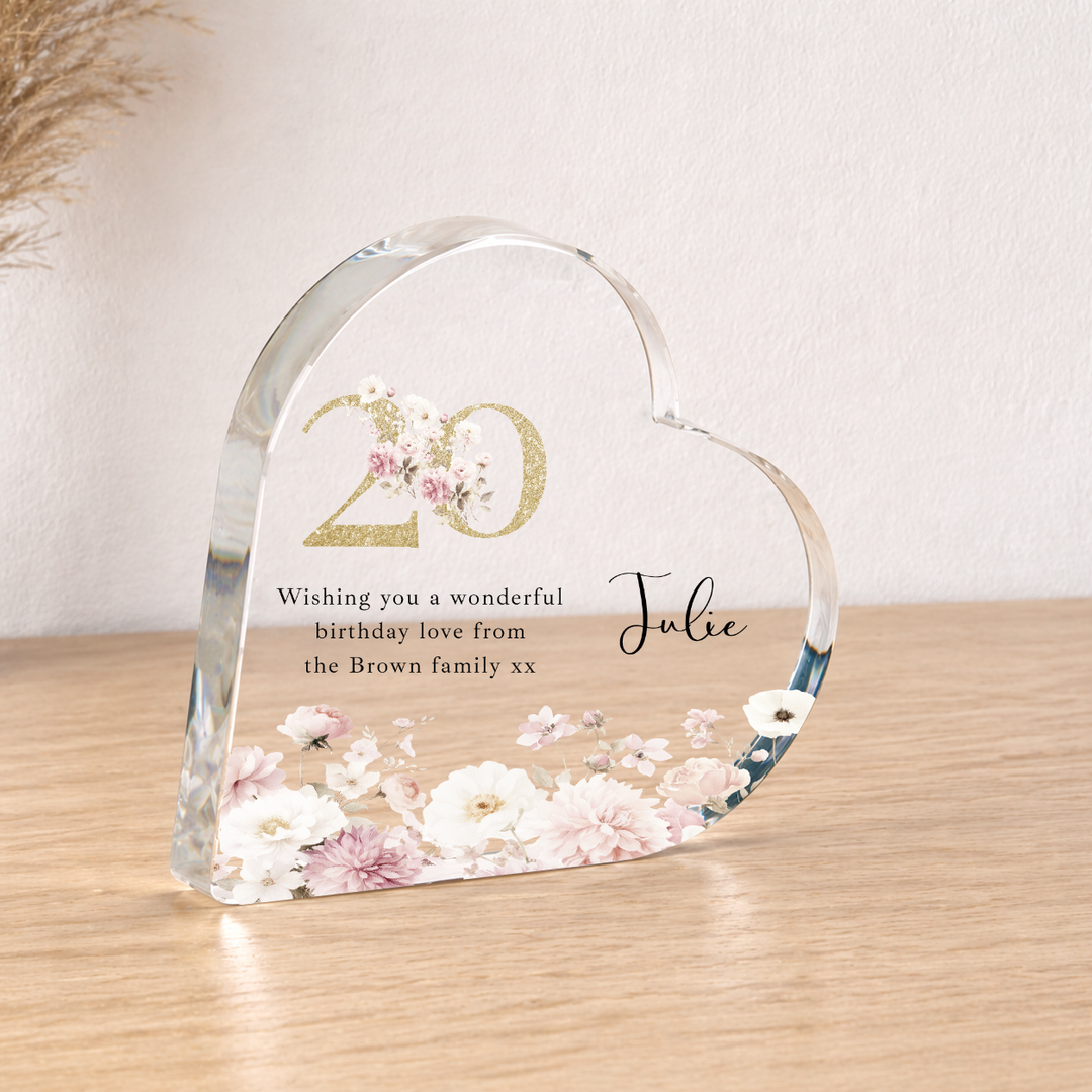 Personalised 20th Birthday Pink Floral Acrylic Heart