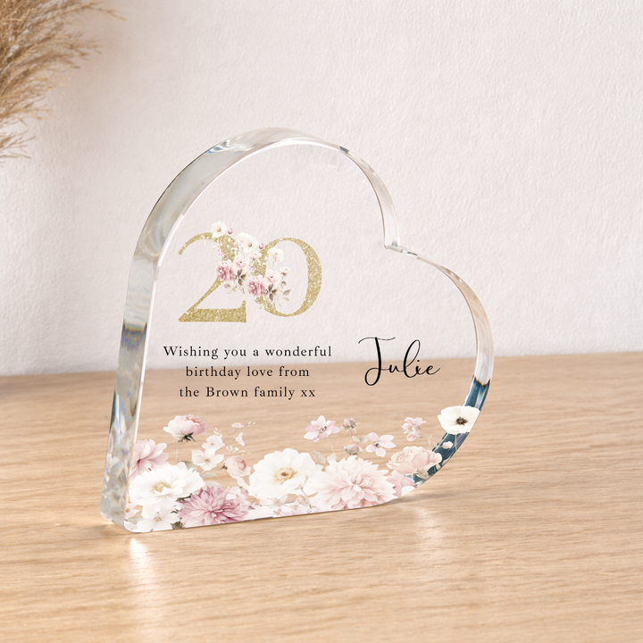 Personalised 20th Birthday Pink Floral Acrylic Heart