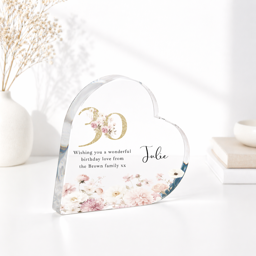 Personalised 30th Birthday Pink Floral Acrylic Heart