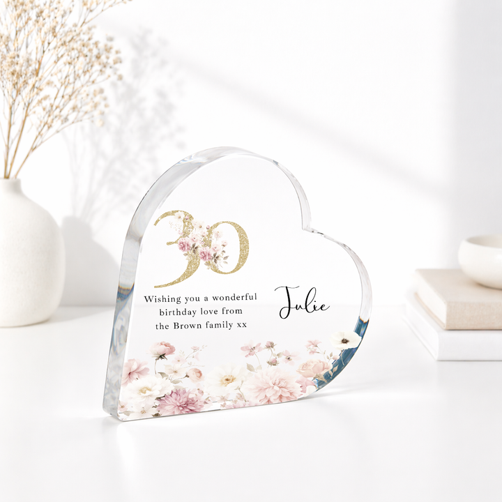 Personalised 30th Birthday Pink Floral Acrylic Heart