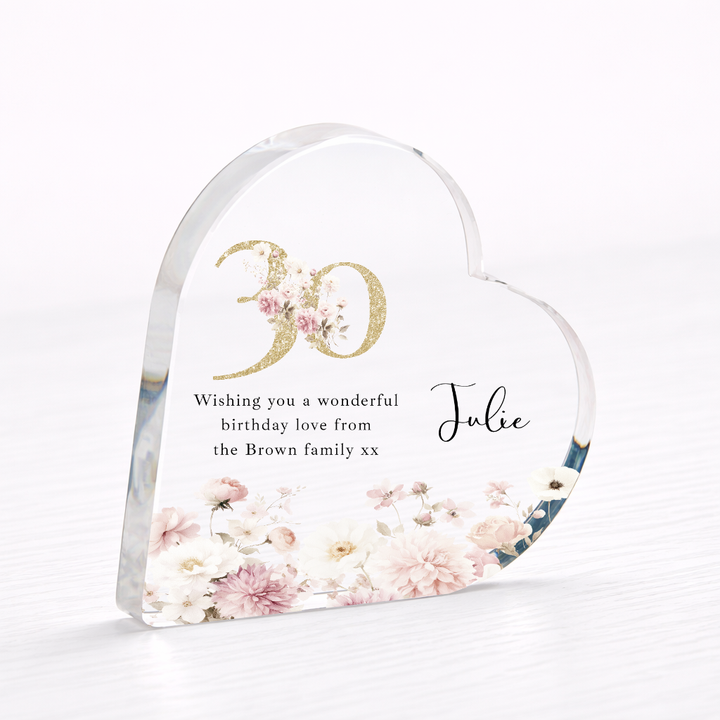Personalised 30th Birthday Pink Floral Acrylic Heart
