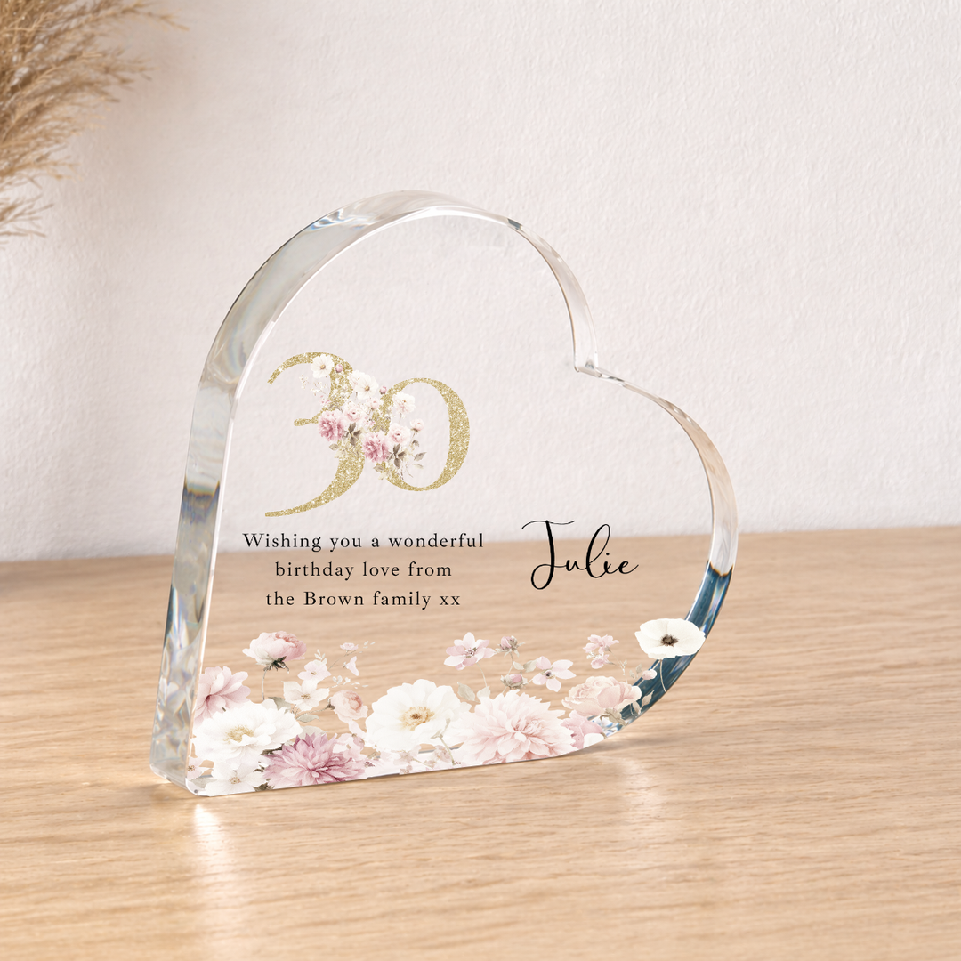 Personalised 30th Birthday Pink Floral Acrylic Heart