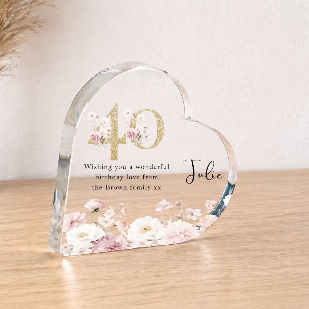 Personalised 40th Birthday Pink Floral Acrylic Heart