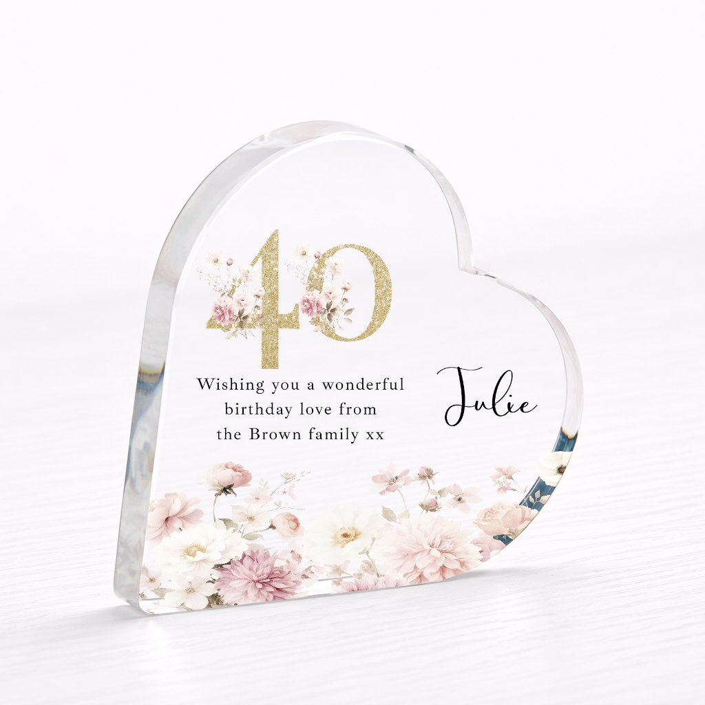 Personalised 40th Birthday Pink Floral Acrylic Heart