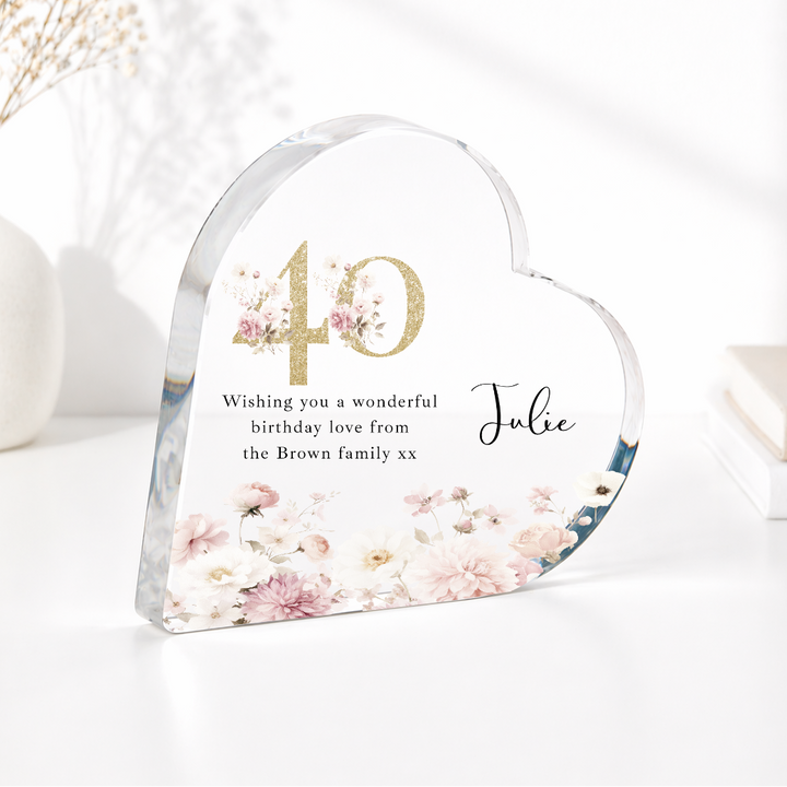 Personalised 40th Birthday Pink Floral Acrylic Heart