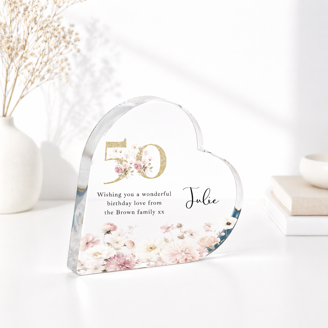 Personalised 50th Birthday Pink Floral Acrylic Heart