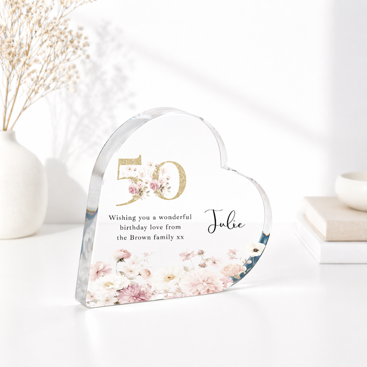 Personalised 50th Birthday Pink Floral Acrylic Heart