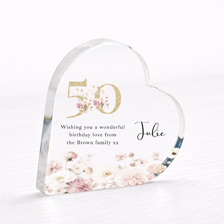 Personalised 50th Birthday Pink Floral Acrylic Heart