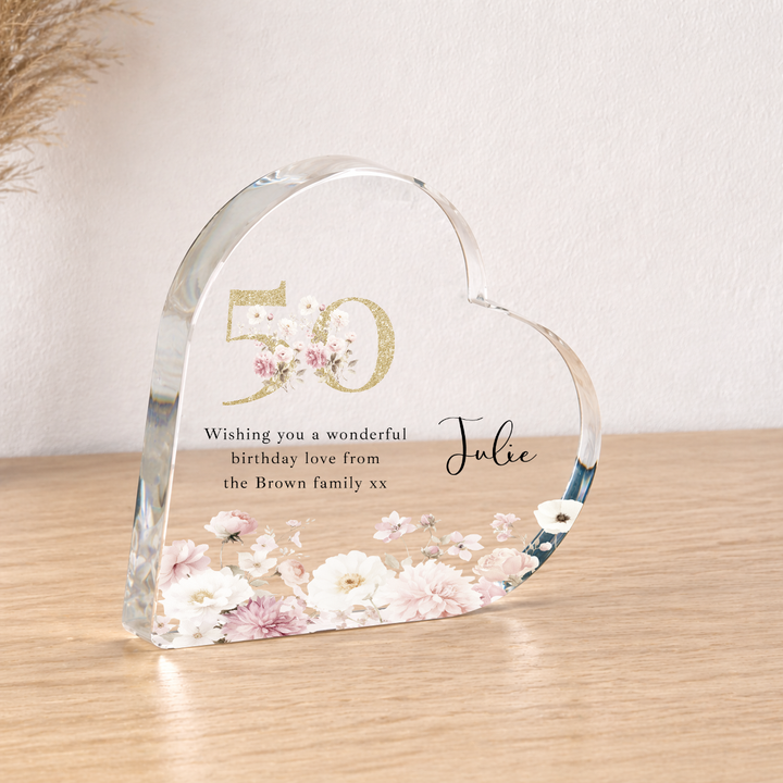 Personalised 50th Birthday Pink Floral Acrylic Heart