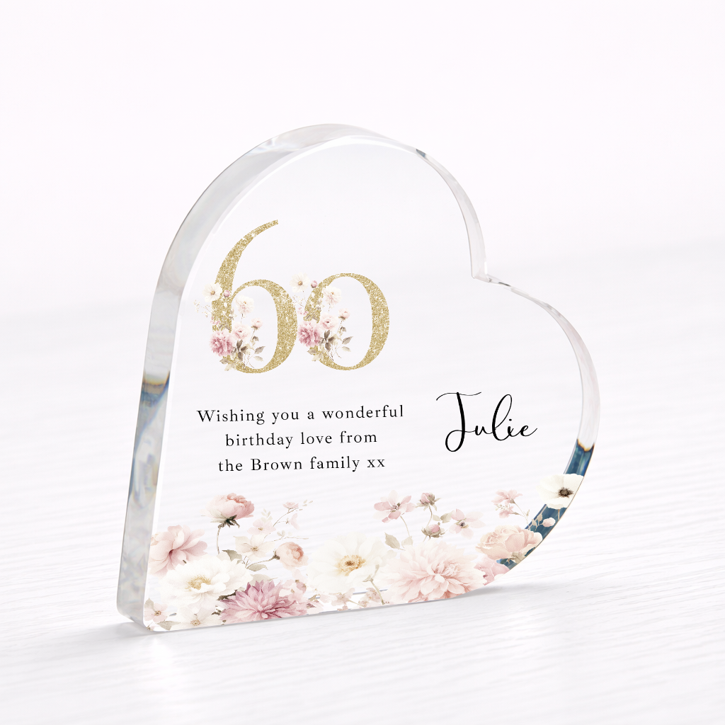 Personalised 60th Birthday Pink Floral Acrylic Heart