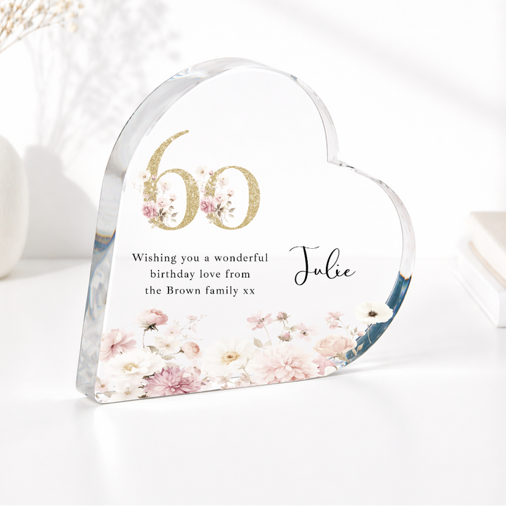 Personalised 60th Birthday Pink Floral Acrylic Heart