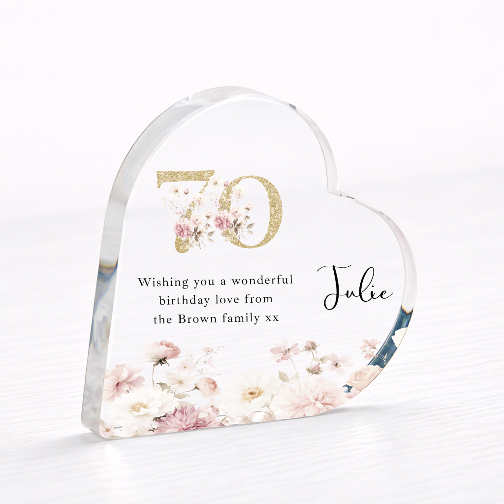 Personalised 70th Birthday Pink Floral Acrylic Heart