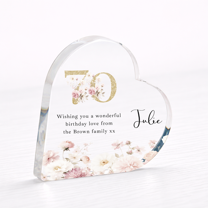 Personalised 70th Birthday Pink Floral Acrylic Heart