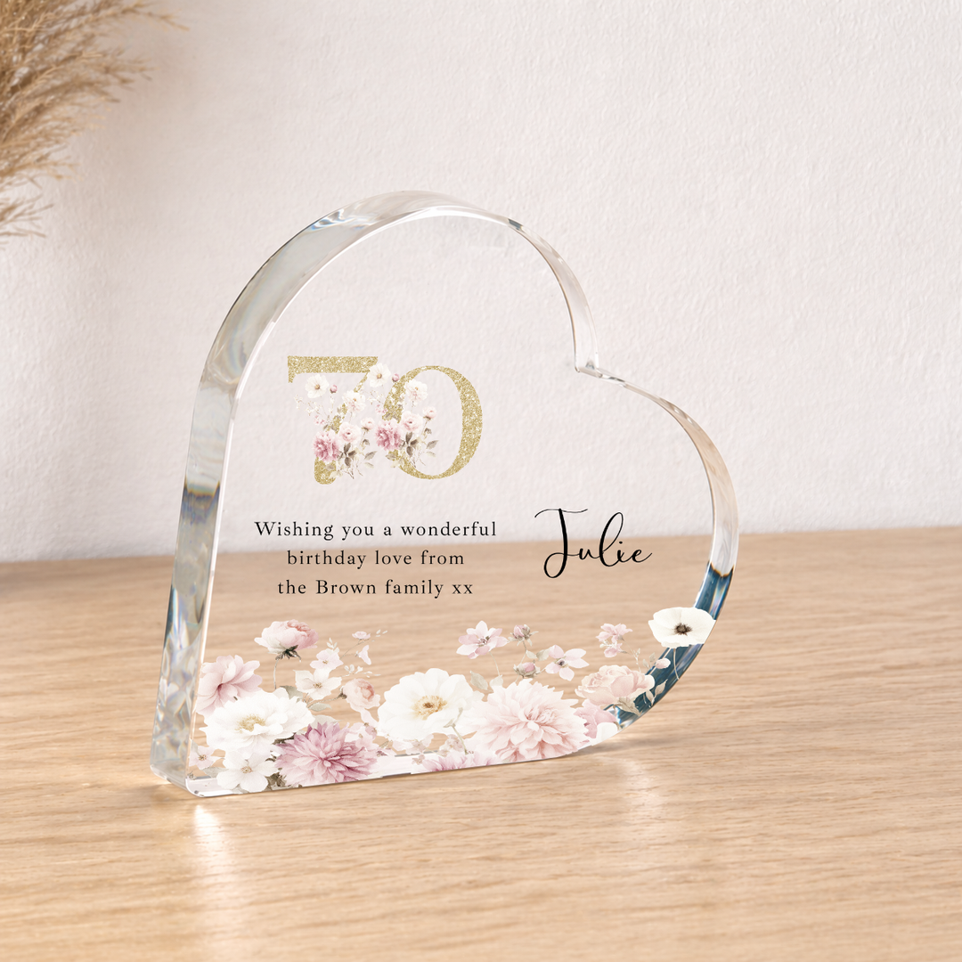 Personalised 70th Birthday Pink Floral Acrylic Heart