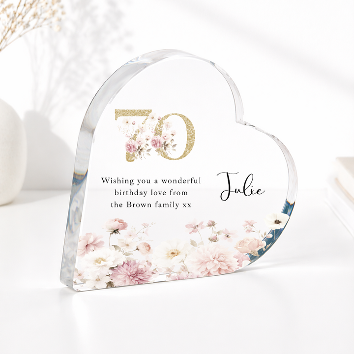 Personalised 70th Birthday Pink Floral Acrylic Heart