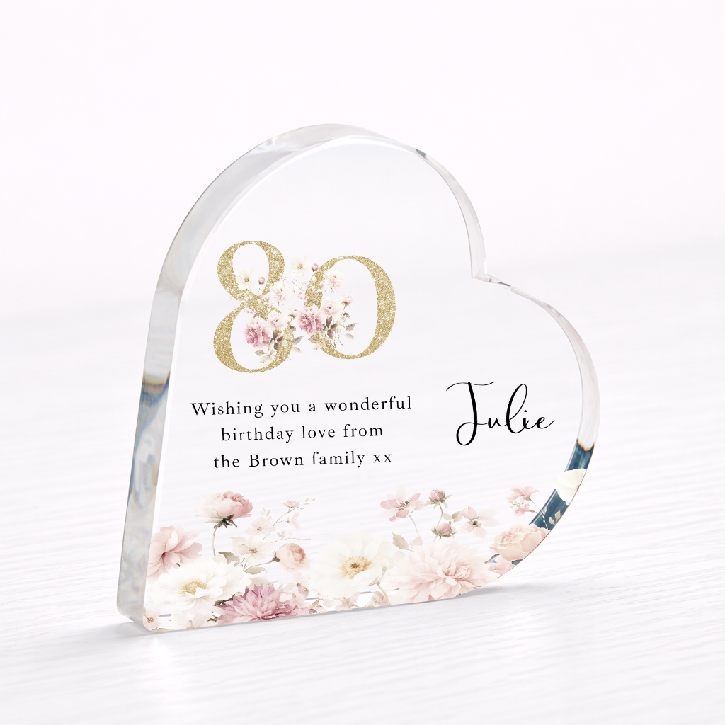 Personalised 80th Birthday Pink Floral Acrylic Heart