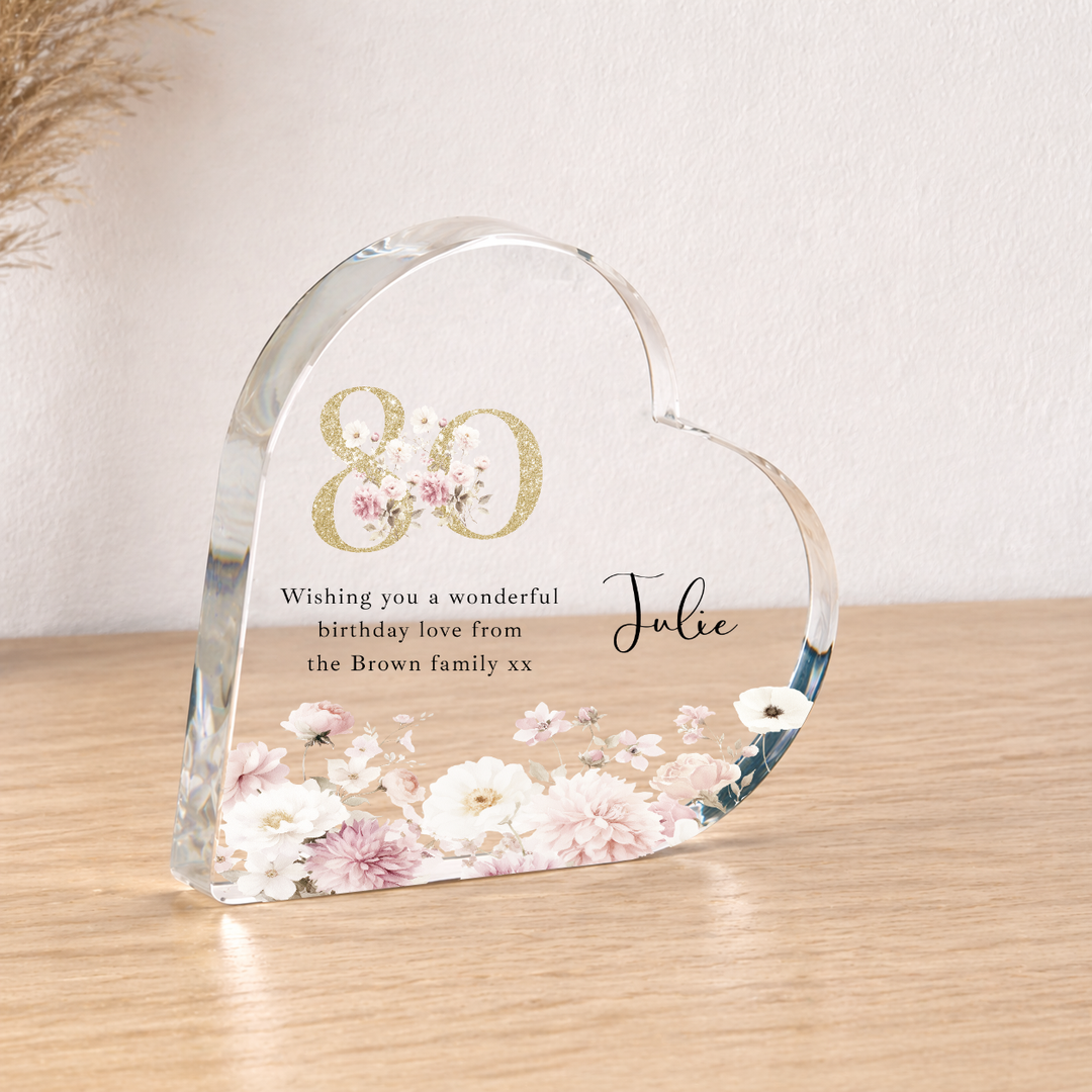 Personalised 80th Birthday Pink Floral Acrylic Heart