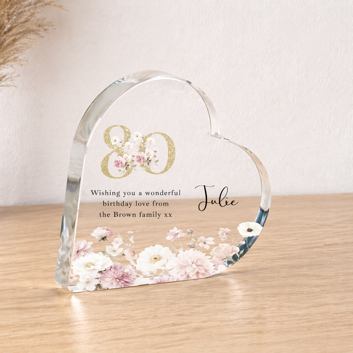 Personalised 80th Birthday Pink Floral Acrylic Heart