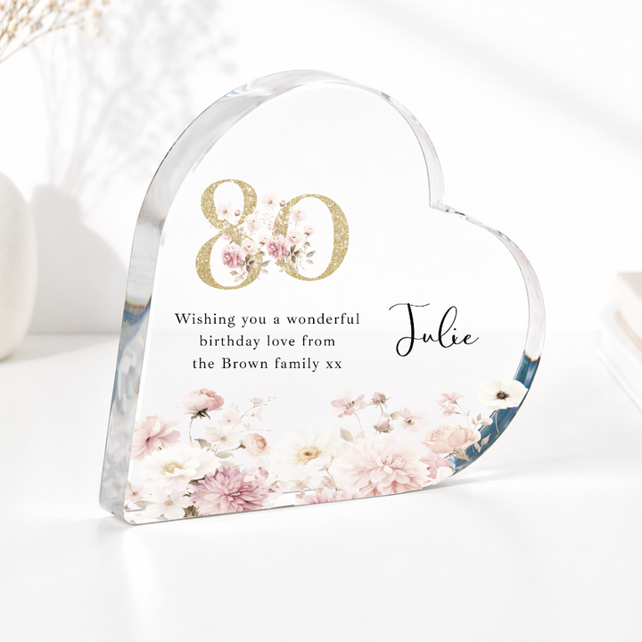 Personalised 80th Birthday Pink Floral Acrylic Heart