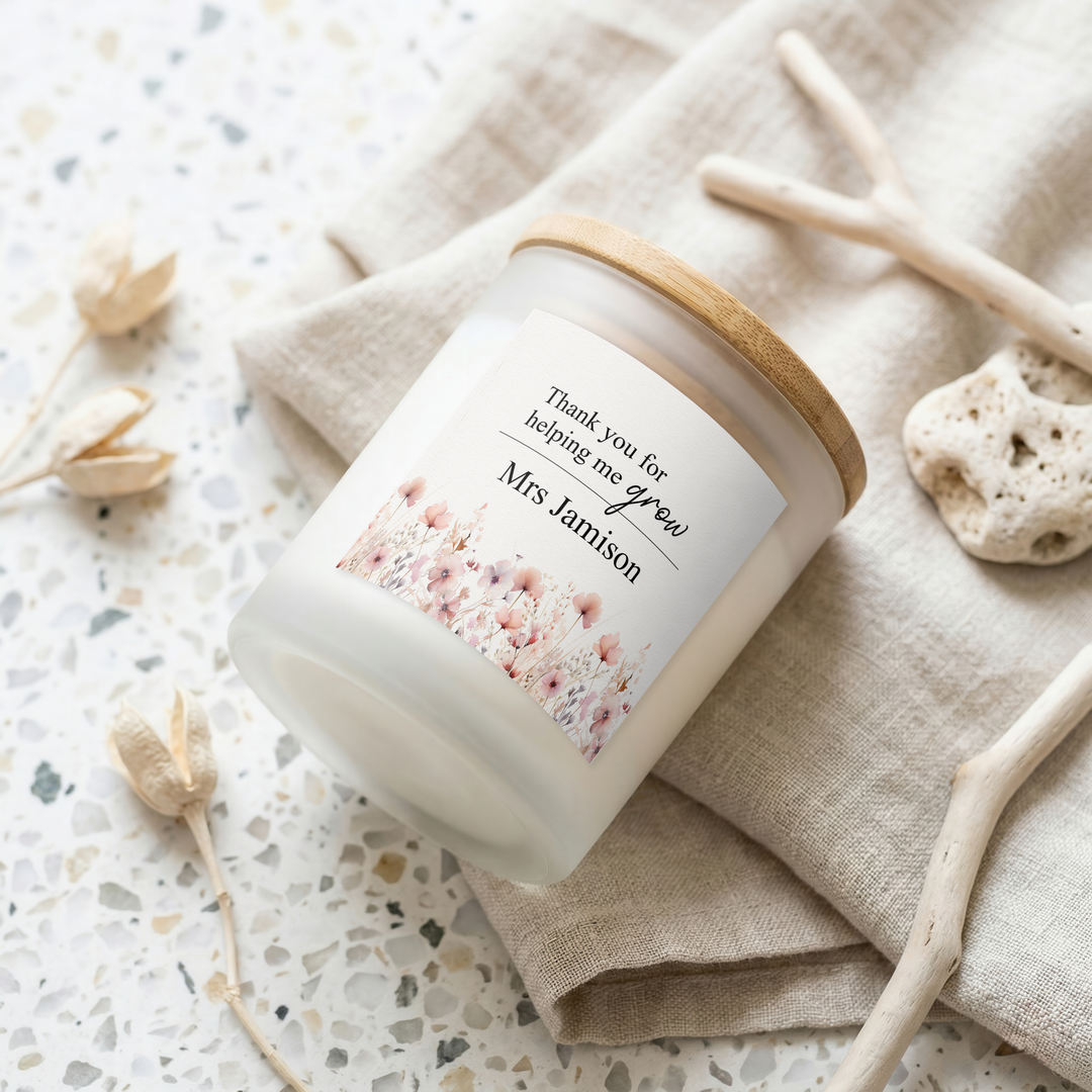 Personalised Pink Floral Thank You Teacher Gift Candle &amp; Box