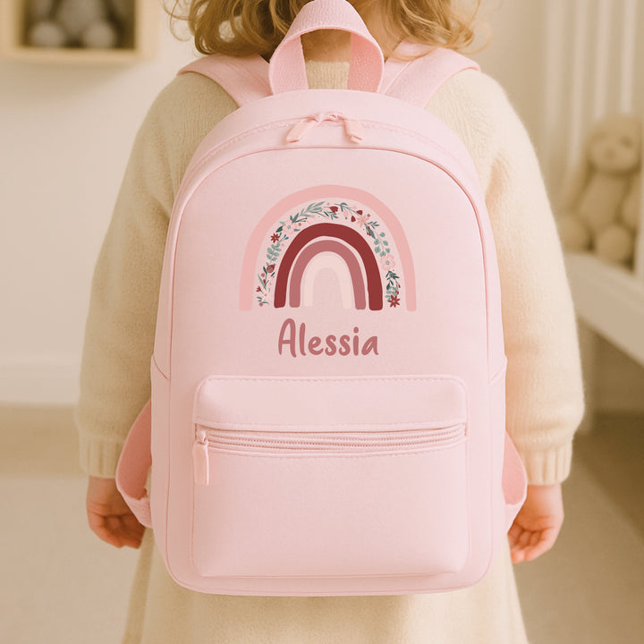 Personalised Pink Floral Rainbow Toddler Backpack