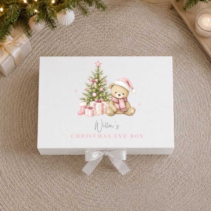 Personalised Pink Bear Tree Christmas Eve Box