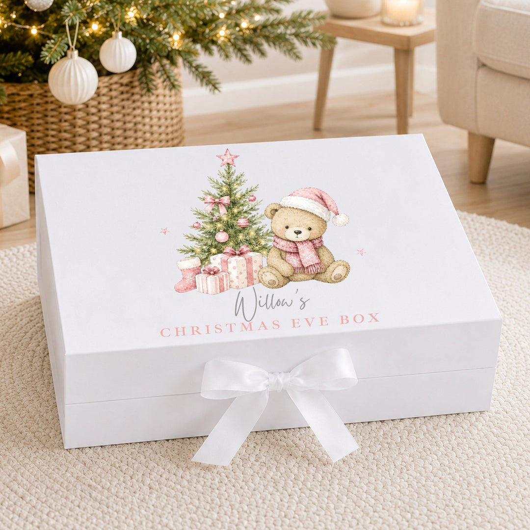 Personalised Pink Bear Tree Christmas Eve Box