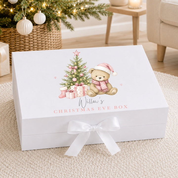 Personalised Pink Bear Tree Christmas Eve Box