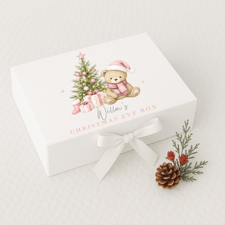 Personalised Pink Bear Tree Christmas Eve Box