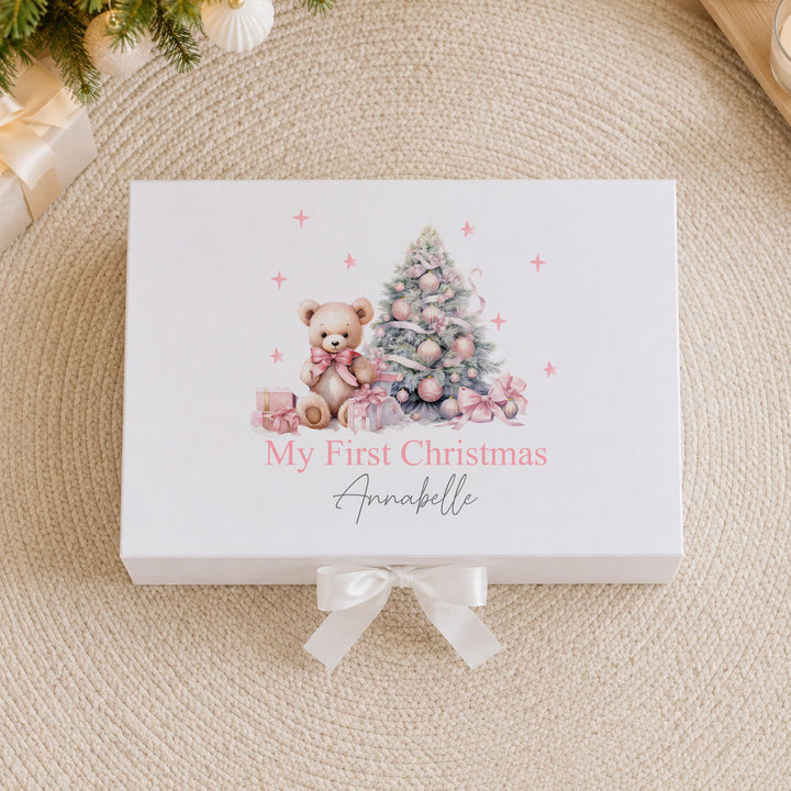Personalised Pink Teddy Bear My First Christmas Eve Box