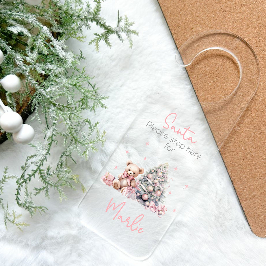 Personalised Pink Teddy Tree Santa Stop Here Door Sign