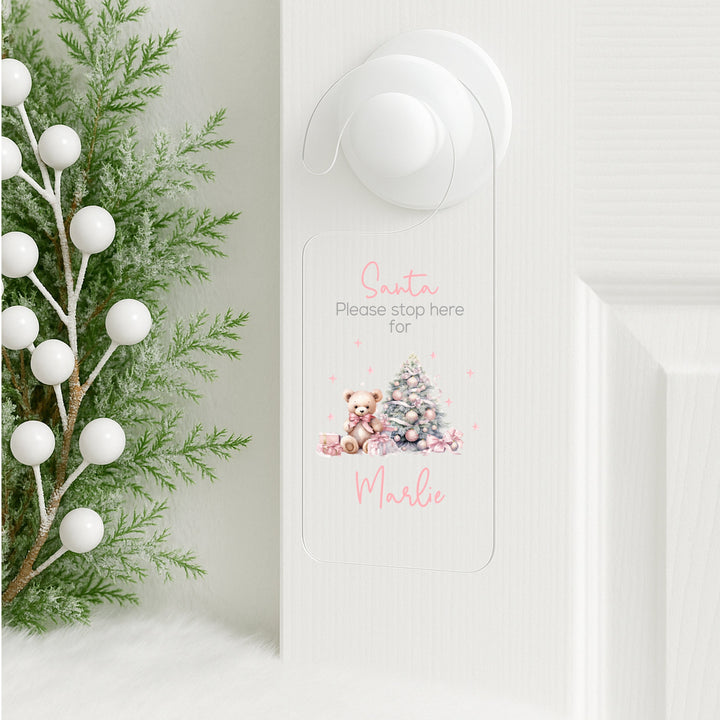 Personalised Pink Teddy Tree Santa Stop Here Door Sign