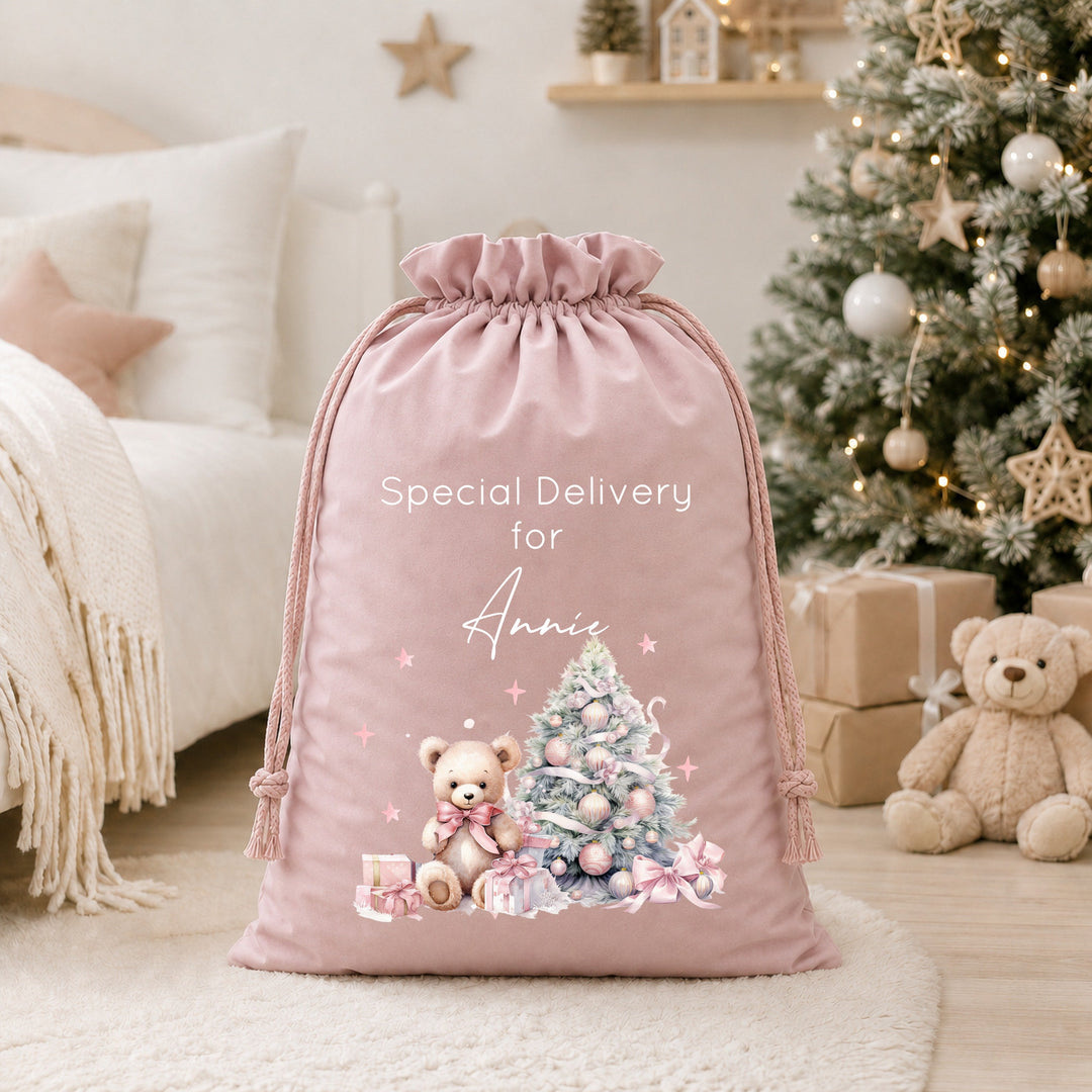 Personalised Pink Teddy Christmas Tree Pink Santa Sack or Stocking