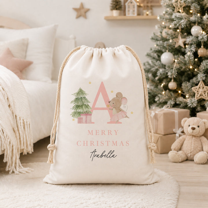 Personalised Merry Christmas Pink Mouse Canvas Santa Sack
