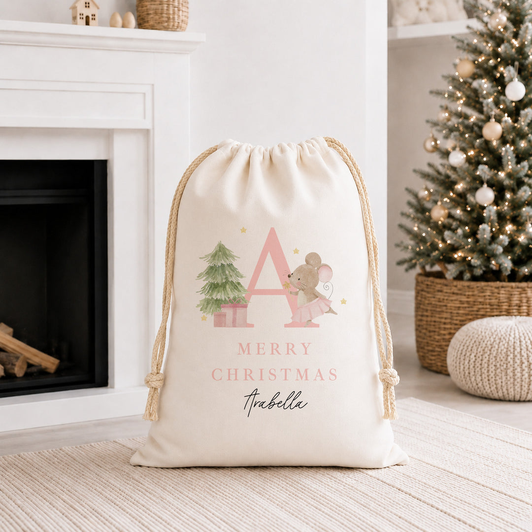 Personalised Merry Christmas Pink Mouse Canvas Santa Sack