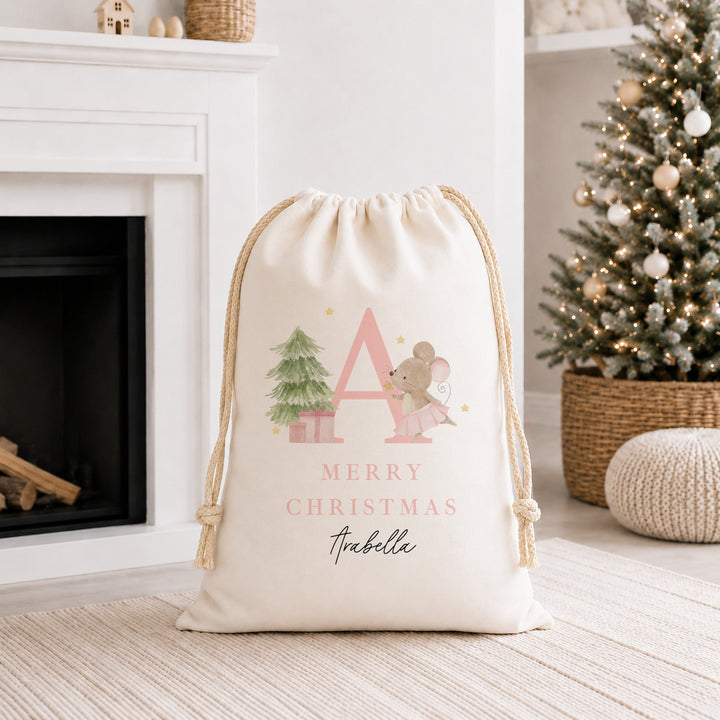 Personalised Merry Christmas Pink Mouse Canvas Santa Sack