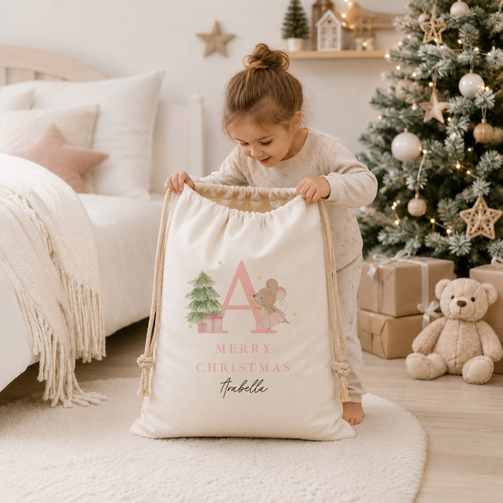 Personalised Merry Christmas Pink Mouse Canvas Santa Sack