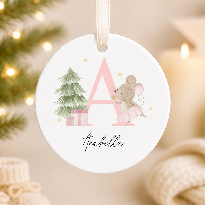 Personalised Pink Mouse Initial Ceramic Christmas Ornament
