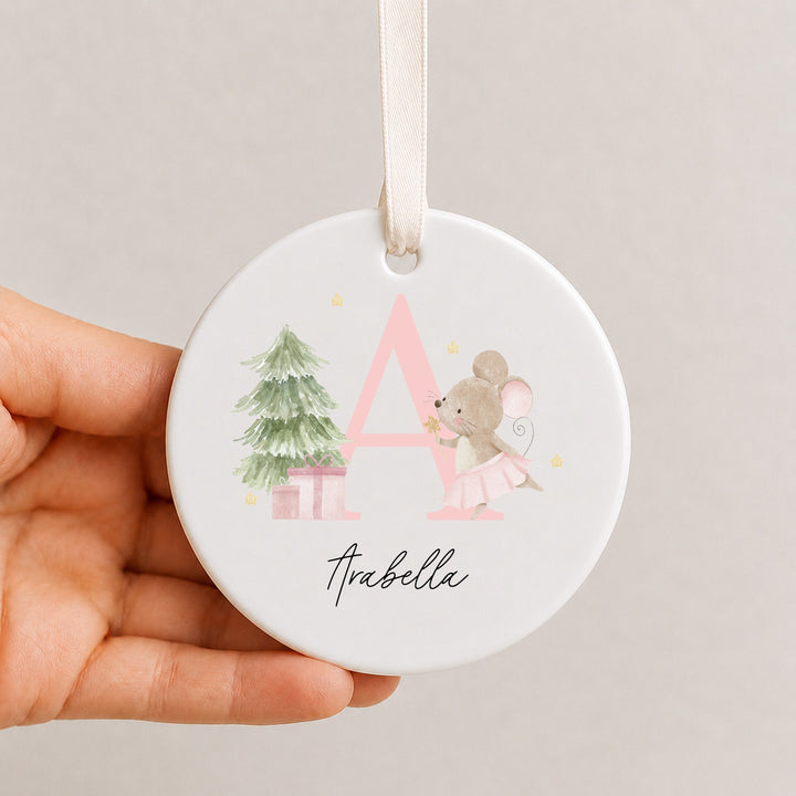 Personalised Pink Mouse Initial Ceramic Christmas Ornament