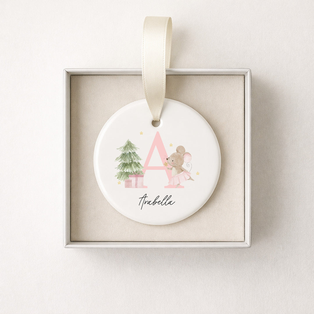 Personalised Pink Mouse Initial Ceramic Christmas Ornament