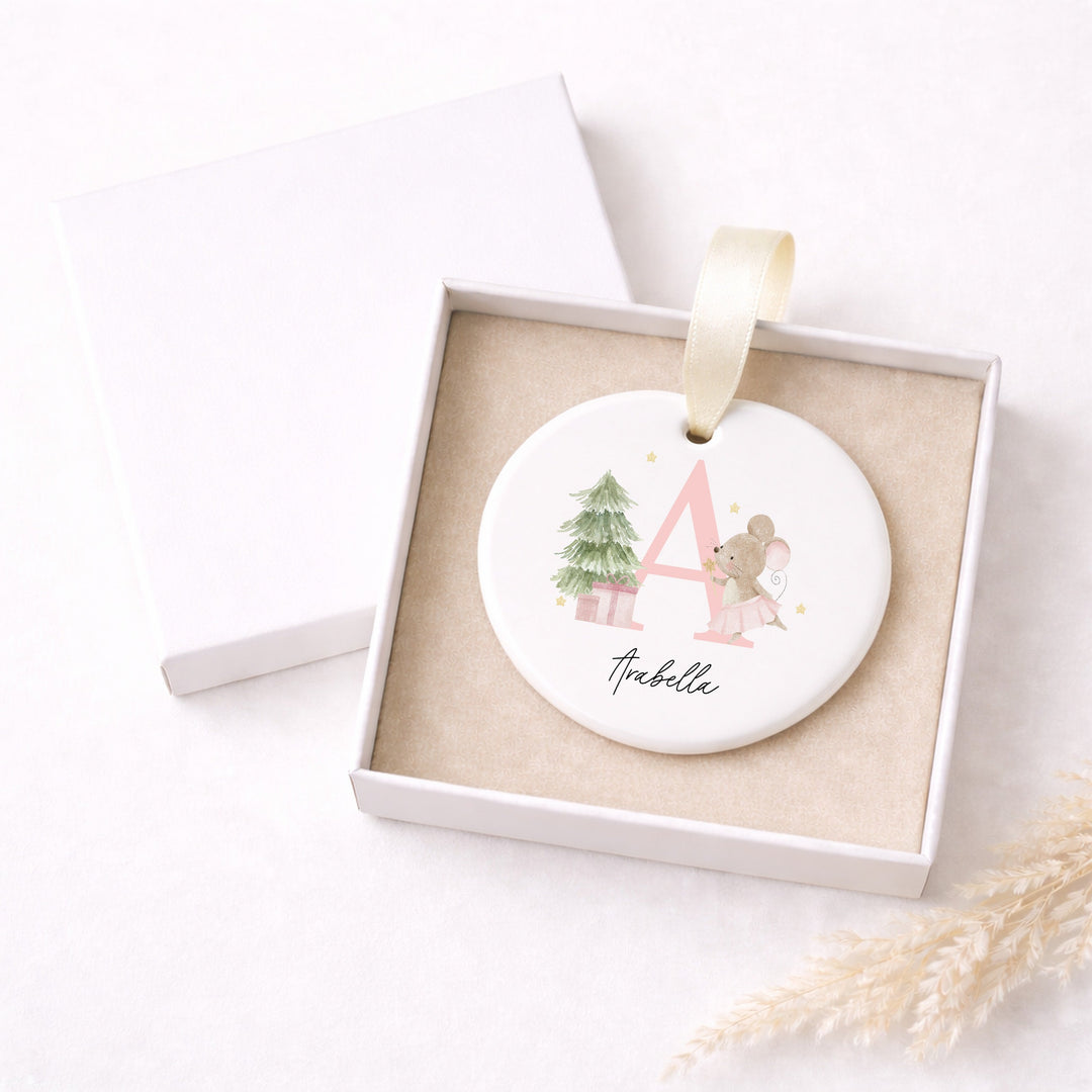 Personalised Pink Mouse Initial Ceramic Christmas Ornament