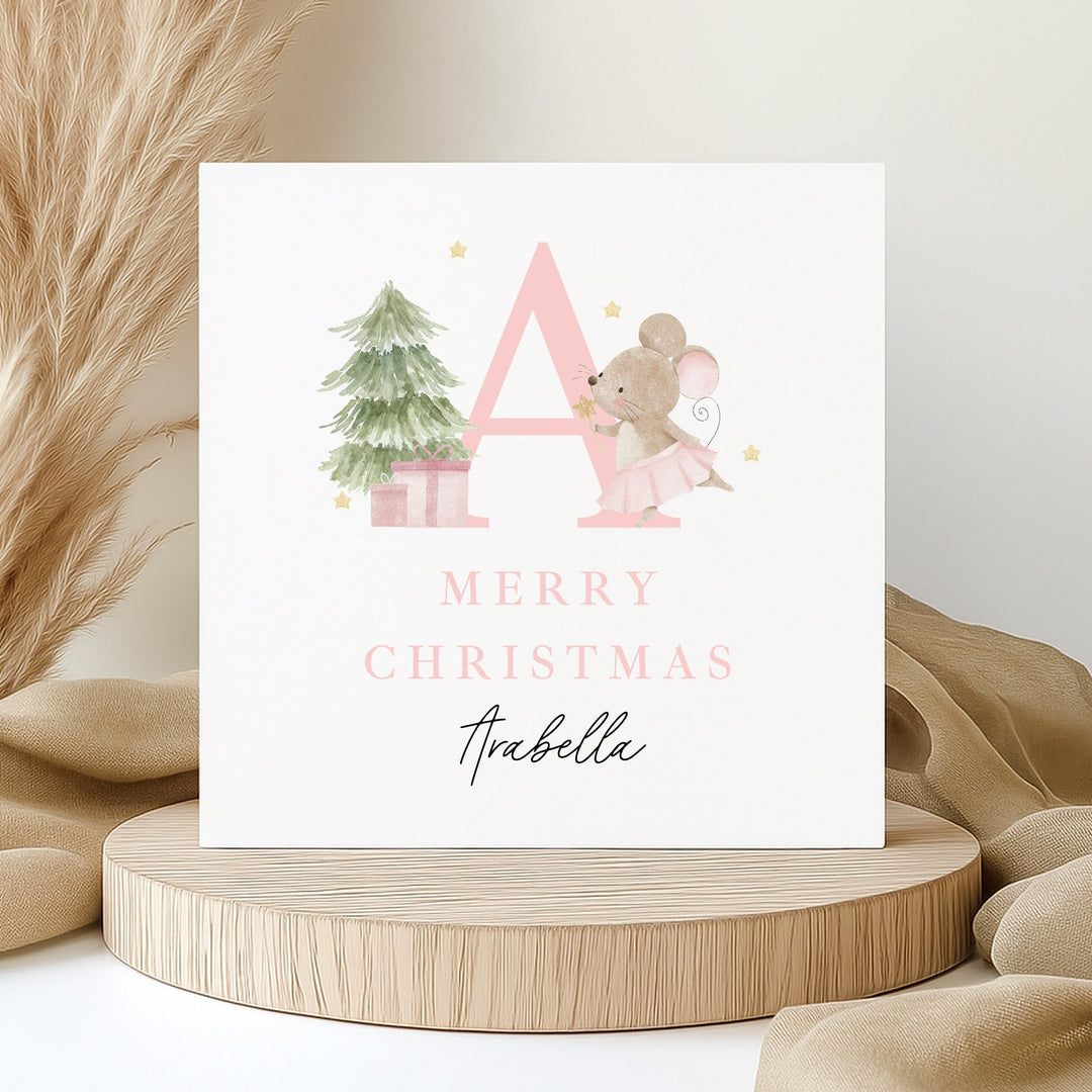 Personalised Pink Mouse Initial Merry Christmas Card