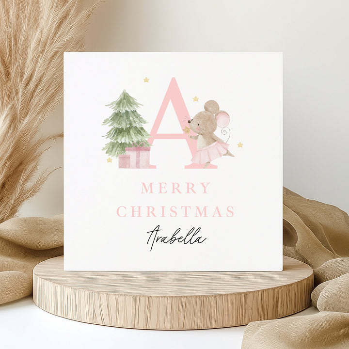 Personalised Pink Mouse Initial Merry Christmas Card